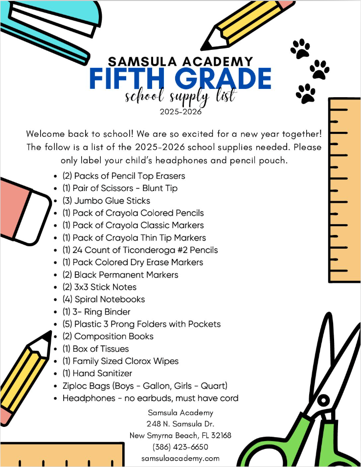 fifth grade supply list