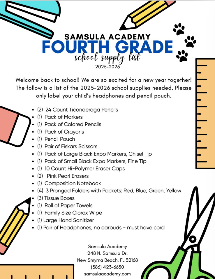 fourth grade supply list