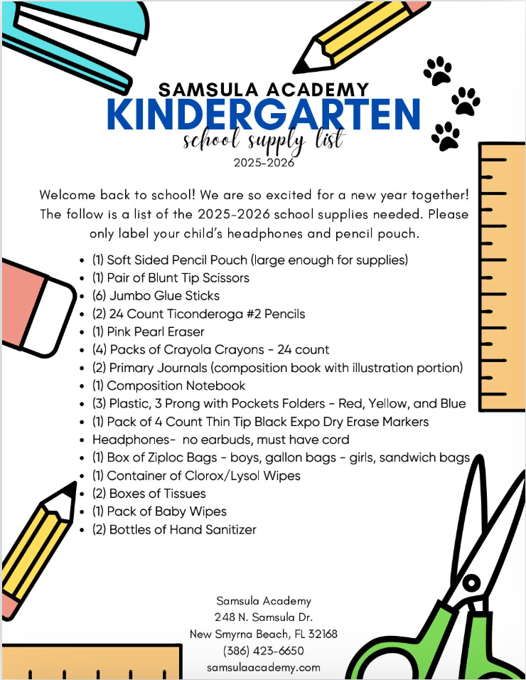 kindergarten supply list