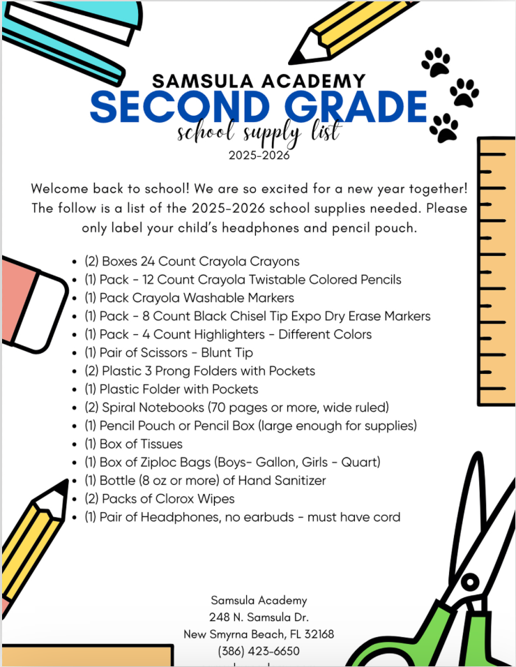 second grade supply list