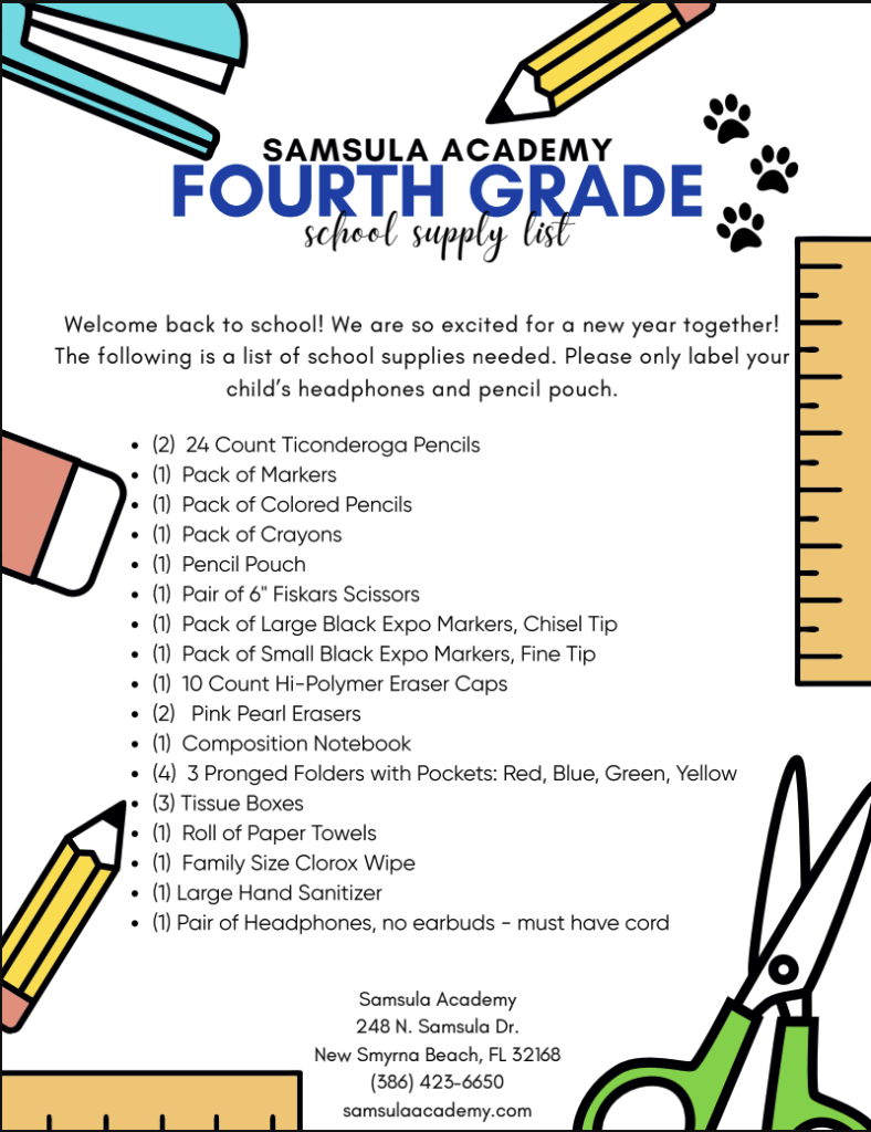 2026 Supply List - 4th Grade