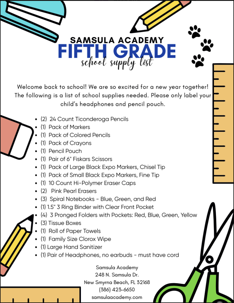 2026 Supply List - 5th Grade